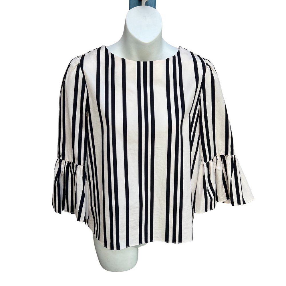 Alice + Olivia Vertical Stripe Blouse Bell Sleeve Back Zip Black & White XS